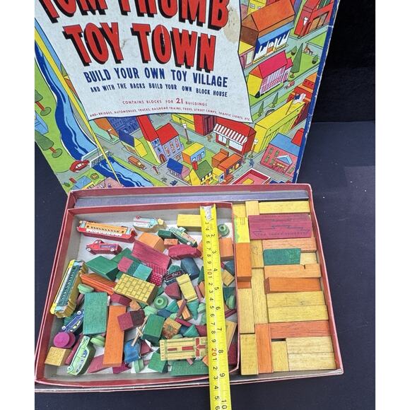 1937 TOM THUMB TOY TOWN Transogram Gold Medal toy wooden blocks buildings car - Picture 11 of 11